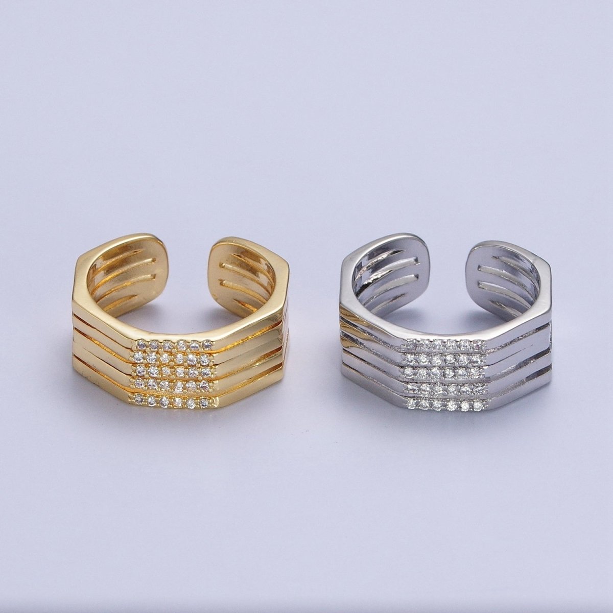 Multiple Band Clear Micro Pave Cubic Zirconia Wide Band Gold & Silver Adjustable Ring R-173 R-175