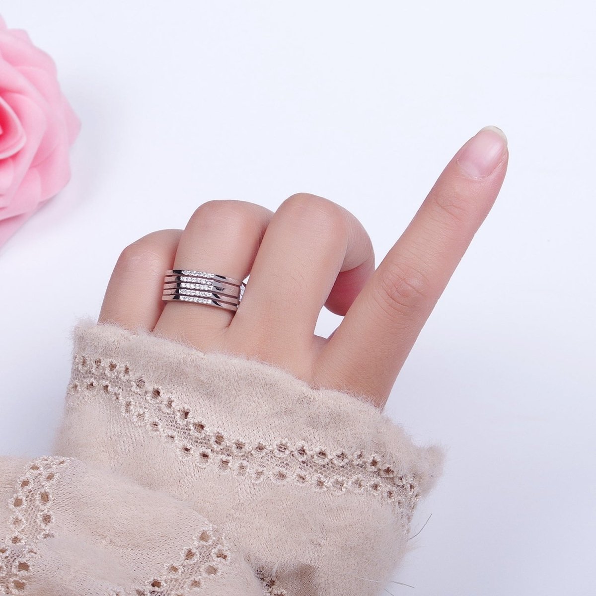 Multiple Band Clear Micro Pave Cubic Zirconia Wide Band Gold & Silver Adjustable Ring R-173 R-175