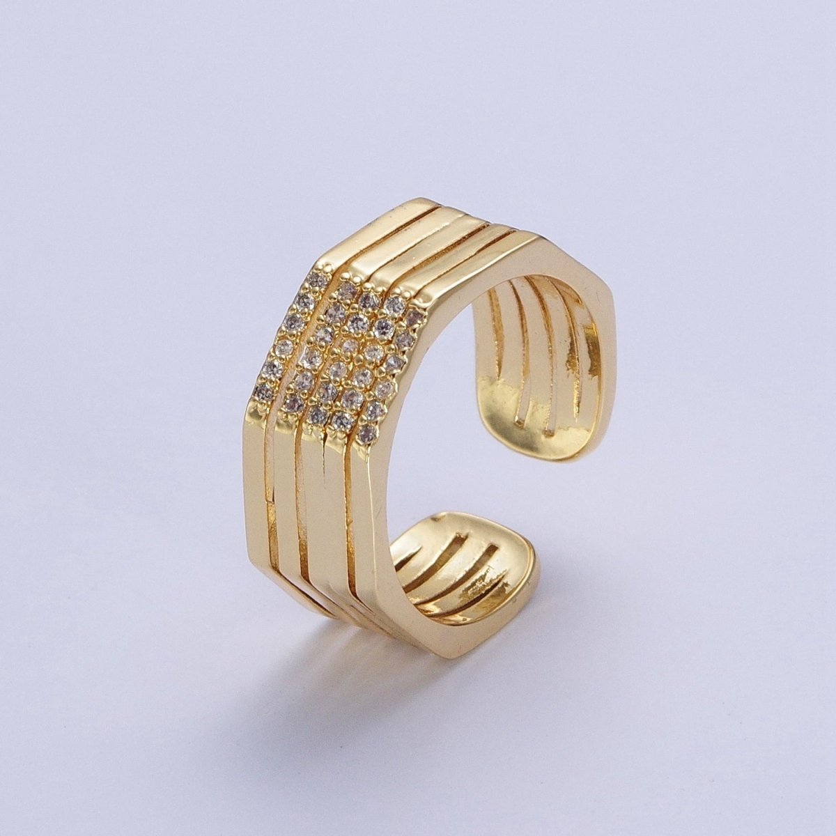 Multiple Band Clear Micro Pave Cubic Zirconia Wide Band Gold & Silver Adjustable Ring R-173 R-175
