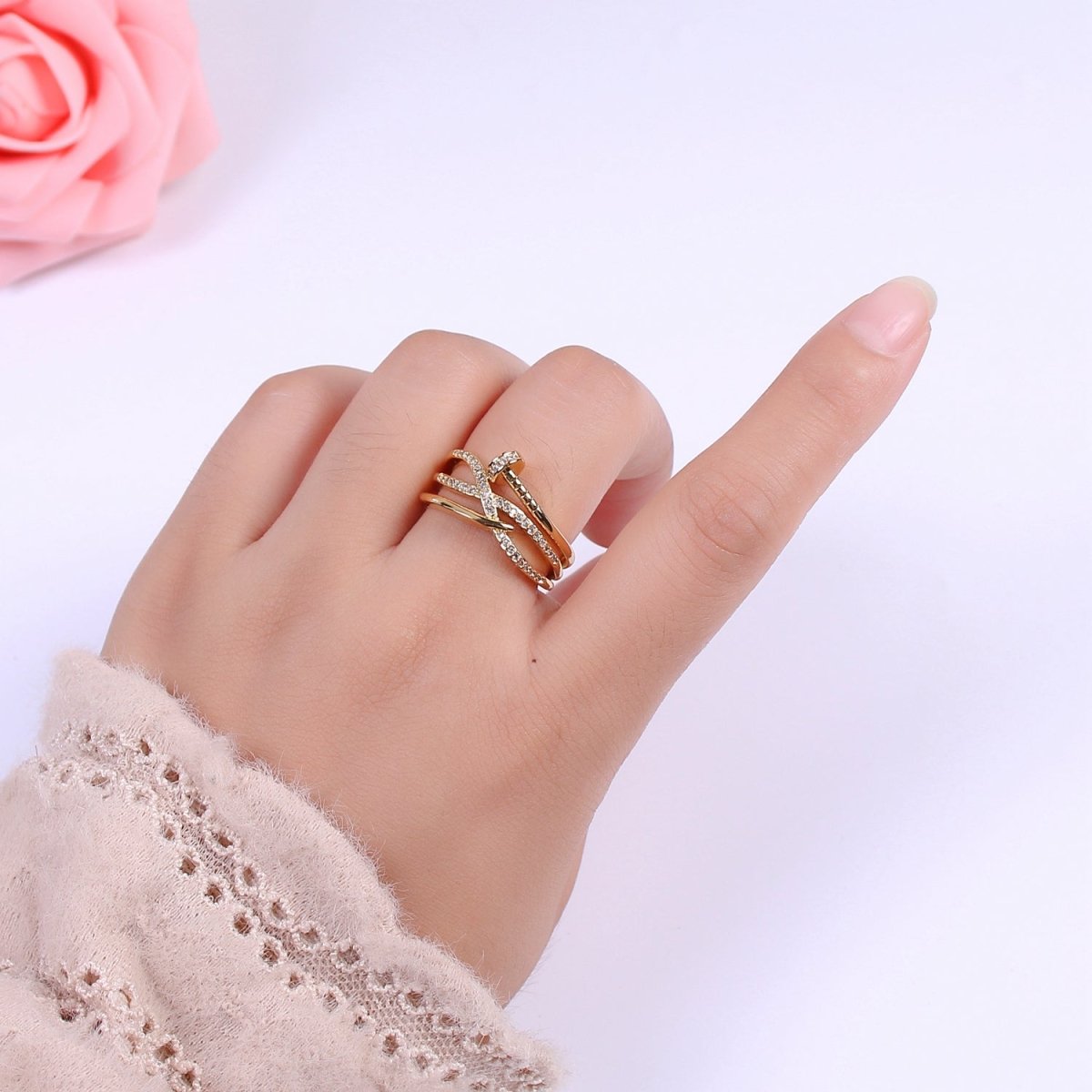OS Nail ring Gold Cross Over Nail wrap ring CZ Gold ring Spiral nail ring Unique ring Nail jewelry Adjustable ring U-124
