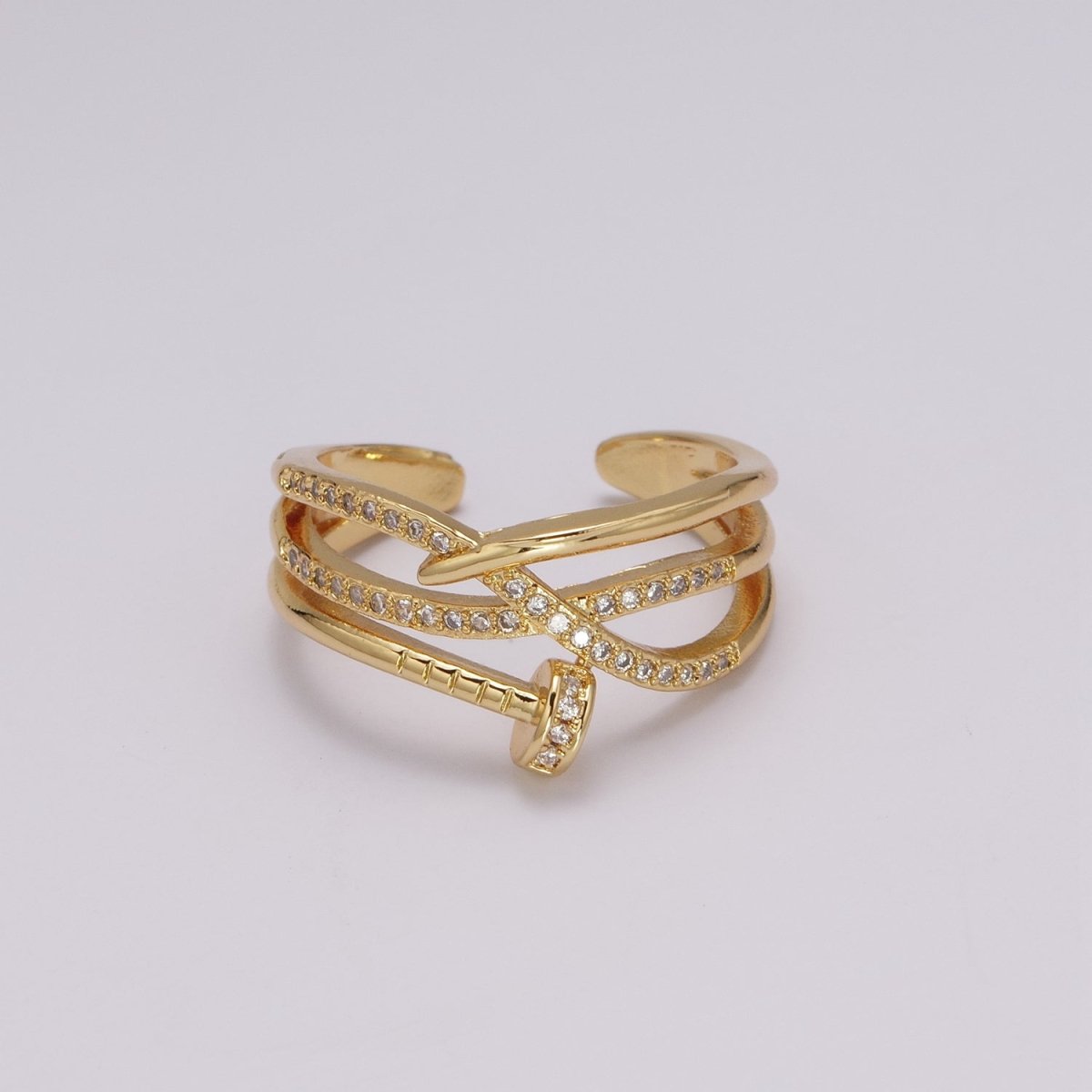 OS Nail ring Gold Cross Over Nail wrap ring CZ Gold ring Spiral nail ring Unique ring Nail jewelry Adjustable ring U-124