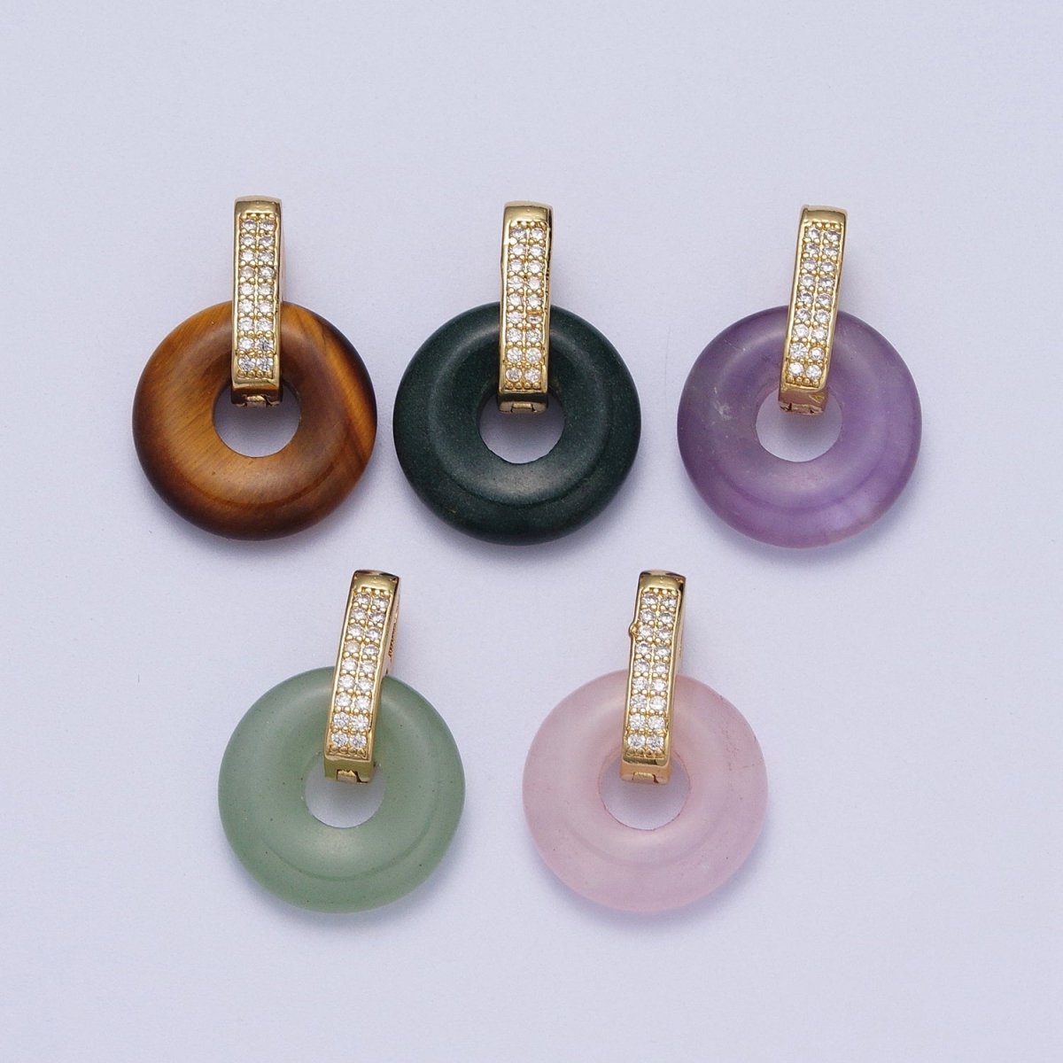 Natural  Amethyst, Onyx, Jade, Tiger Eye, Rose Quartz Donut Micro Paved Pendant H-267 H-270 H-271 H-272 H-273