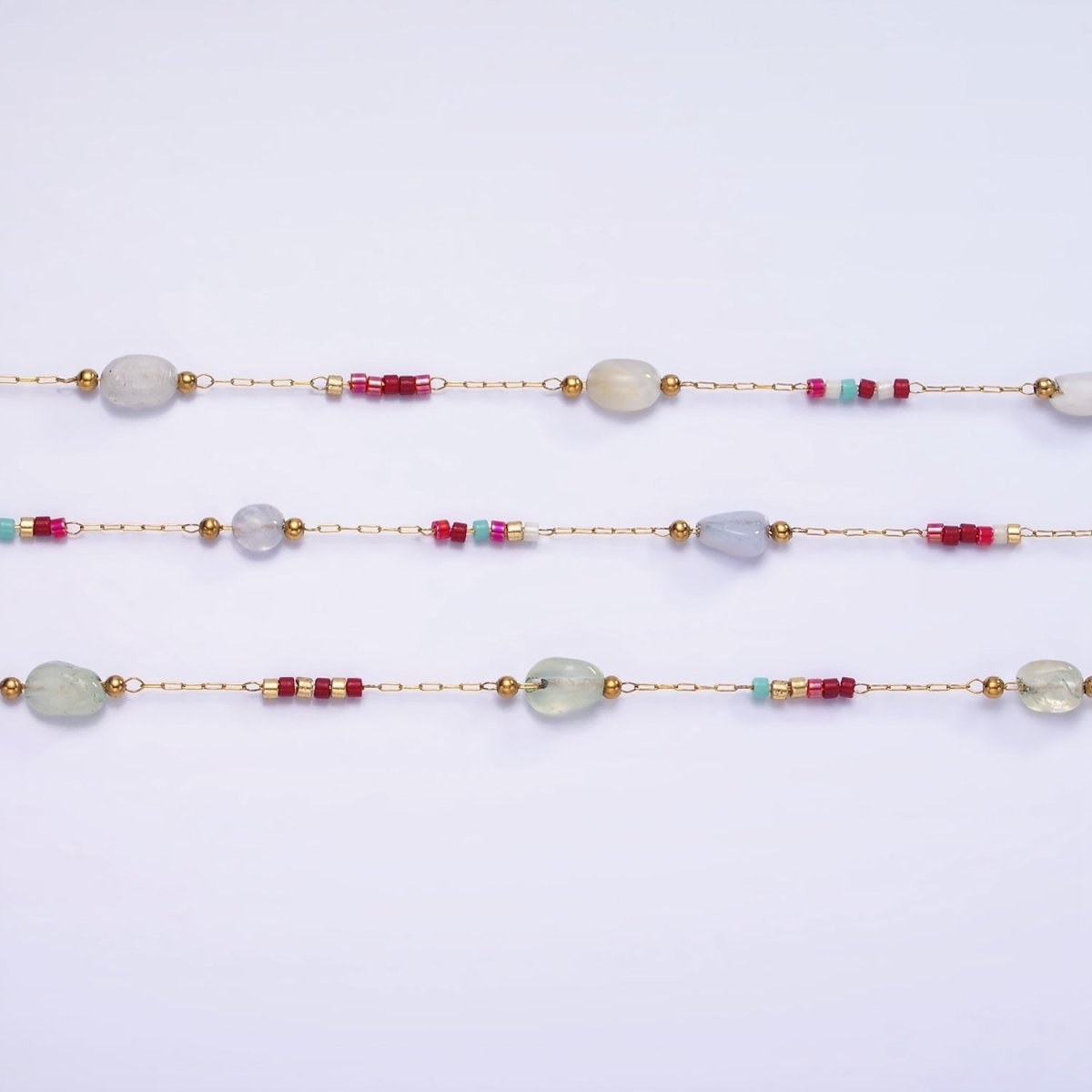 Natural Gemstone Beaded Chain By Yard Stainless Steel Gold Rosary Chain | ROLL-1498 1503