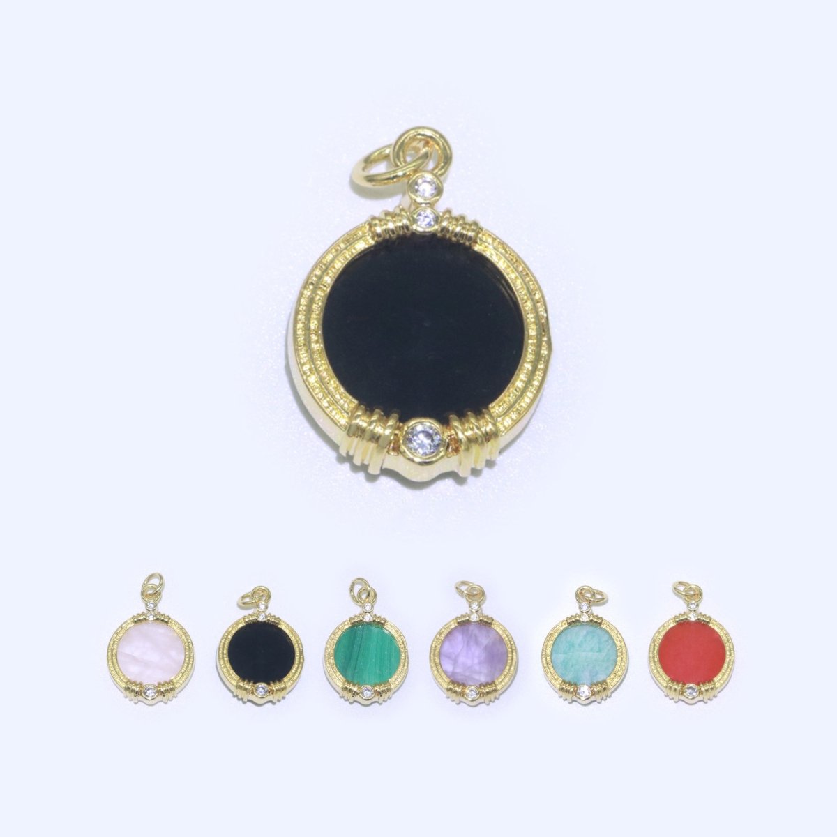 Natural Gemstone charms, 15.2mm Round Coin pendant, Gold Filled pendant Onyx, Malachite, Quartz, Amethyst, Amazonite, Rubi Previous Stone M-404 - M-408