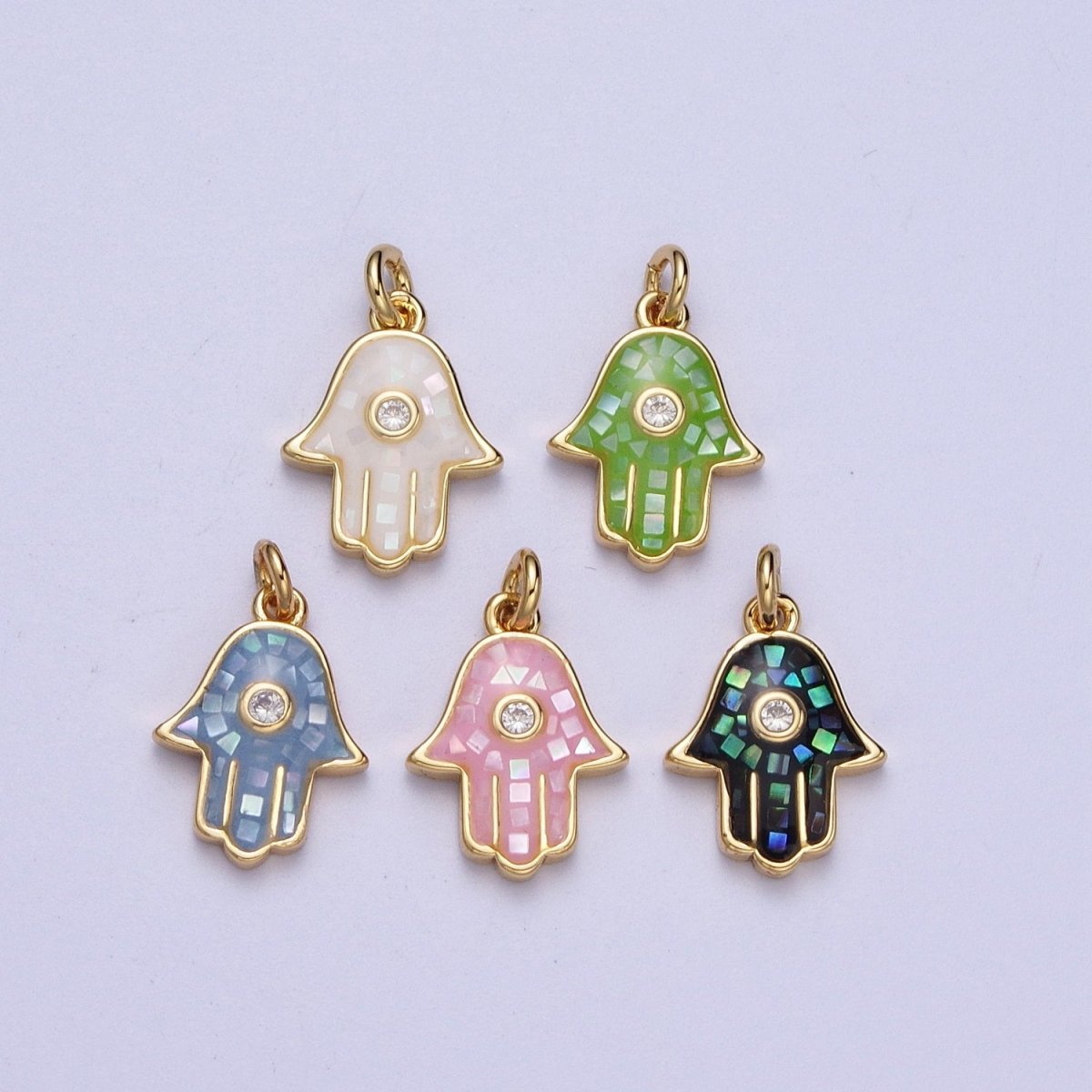 Natural Green Pink White Blue Black Shell Hamsa Hand Charm in Gold for Amulet Jewelry | X-755 - X-759