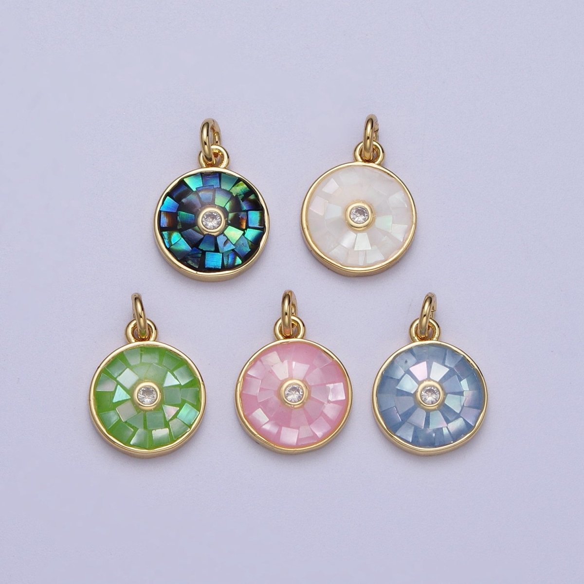 Natural Green Pink White Blue Black Shell Round Medallion Sun Charm in Gold for Celestial Jewelry| X-760 -X-764
