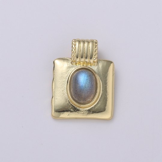 Natural Rainbow Labradorite Oval Square Medallion 14k Gold Filled Pendant for Necklace Component H-343