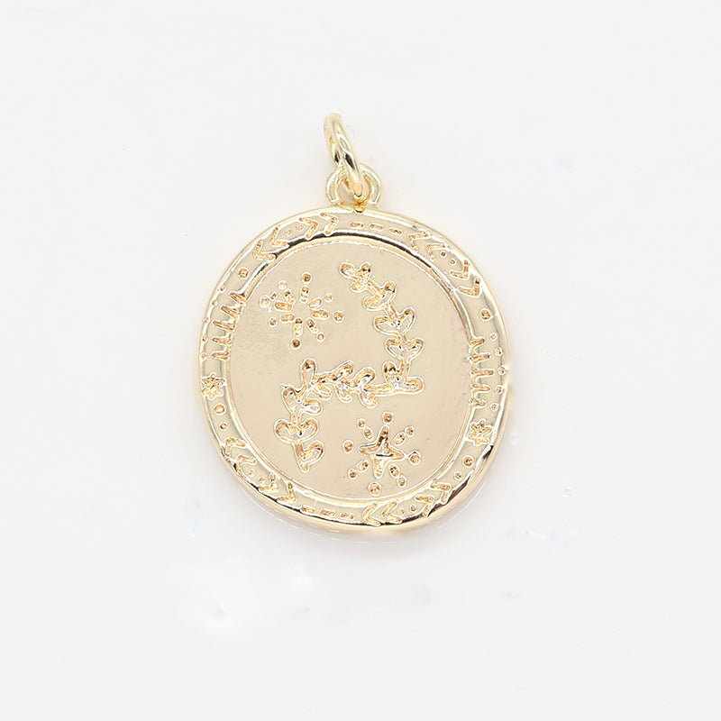 Nature Floral Ornament Golden Rustic Coin Charm, Gold Plated Floral Nature Charm Pendant GP-130 - DLUXCA