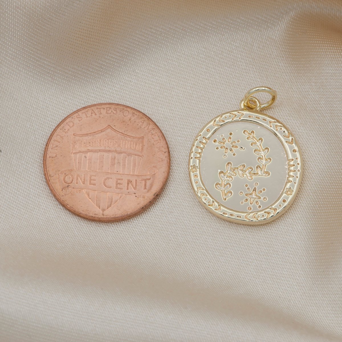 Nature Floral Ornament Golden Rustic Coin Charm, Gold Plated Floral Nature Charm Pendant GP-130 - DLUXCA
