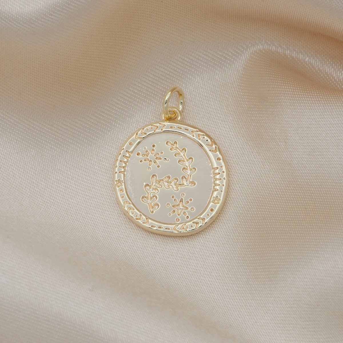 Nature Floral Ornament Golden Rustic Coin Charm, Gold Plated Floral Nature Charm Pendant GP-130 - DLUXCA