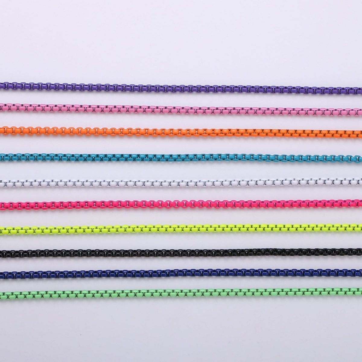 Neon Enamel Box Chain by Yard, Enamel Pop Chain Necklaces, Retro 1990 90s trend Style Chain Necklace Purple Pink Orange Blue White Yellow Green | ROLL-338 to ROLL-347 Clearance Pricing