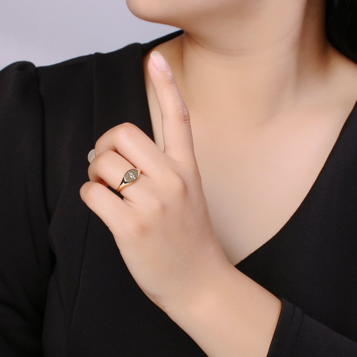 North Star of the Universe Gold Ring, Solitaire CZ Milky way Adjustable Gold Signet Ring, Simple Ring, Circle Ring R-494 S-108