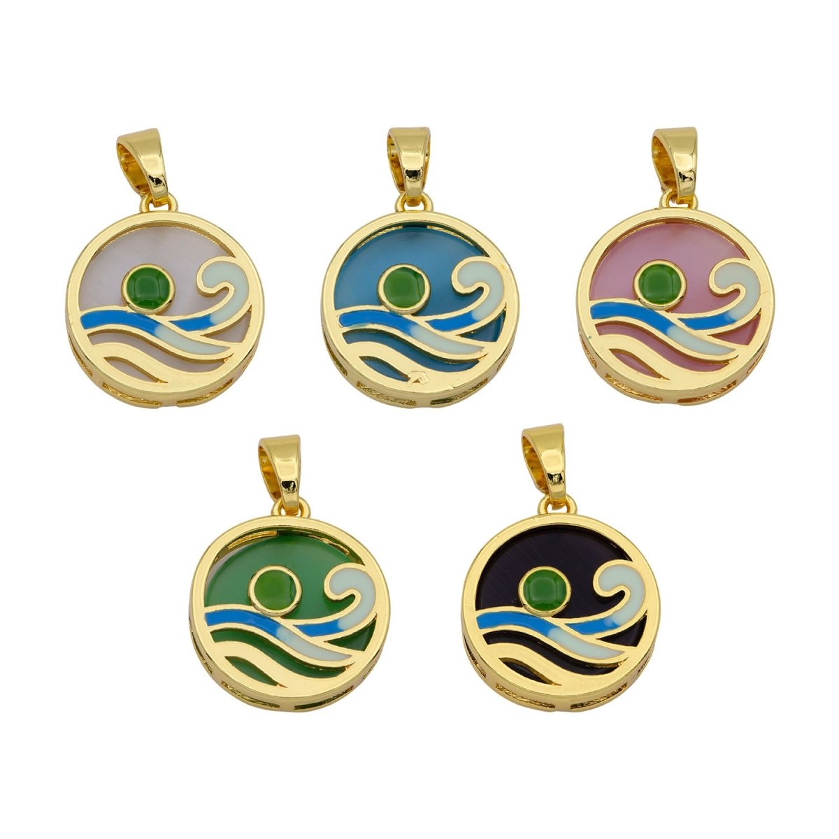 Ocean Wave Charms, Blue Enamel Wave Pendant Beach Nature Charm Coin Surfer Jewelry 14K Gold Filled Supplies