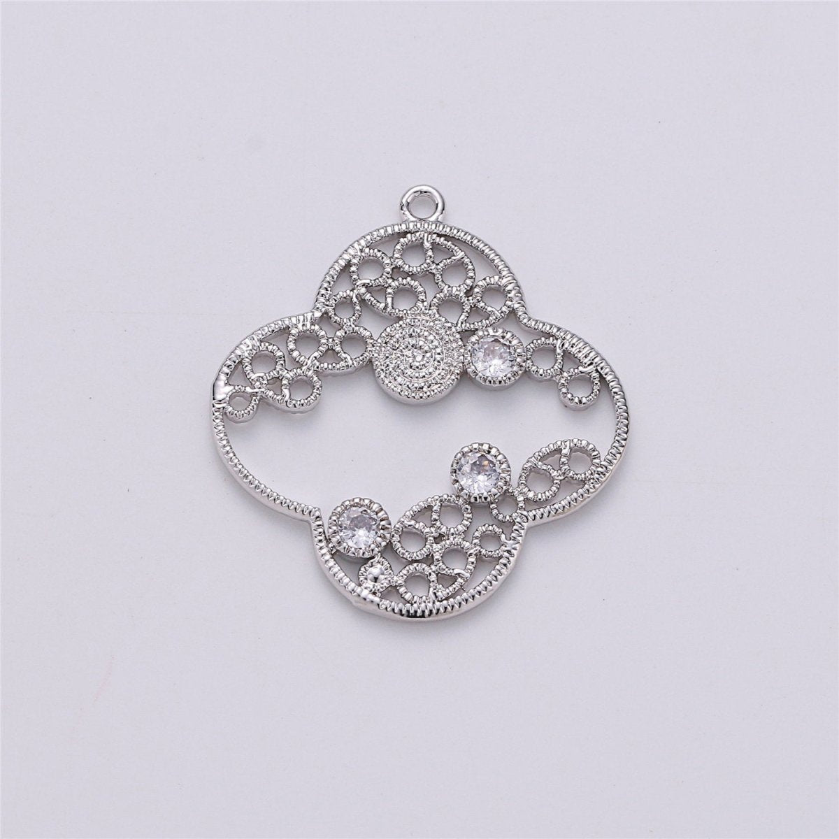 On Sale! CLEARANCE! Four Leaf Clover Charm in Rhodium White Gold with Cubic Zircon Pendant for Necklace Earring Jewelry Making inspired quatrefoil clover E-486