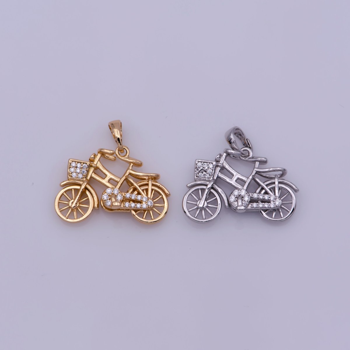 On Sale! CLEARANCE! White Gold Filled, 18K Gold Filled Bicycle Necklace PENDANT, Micro Pave CZ Outdoor Sport Charm, Girl Necklace Findings For Jewelry Making  I-228