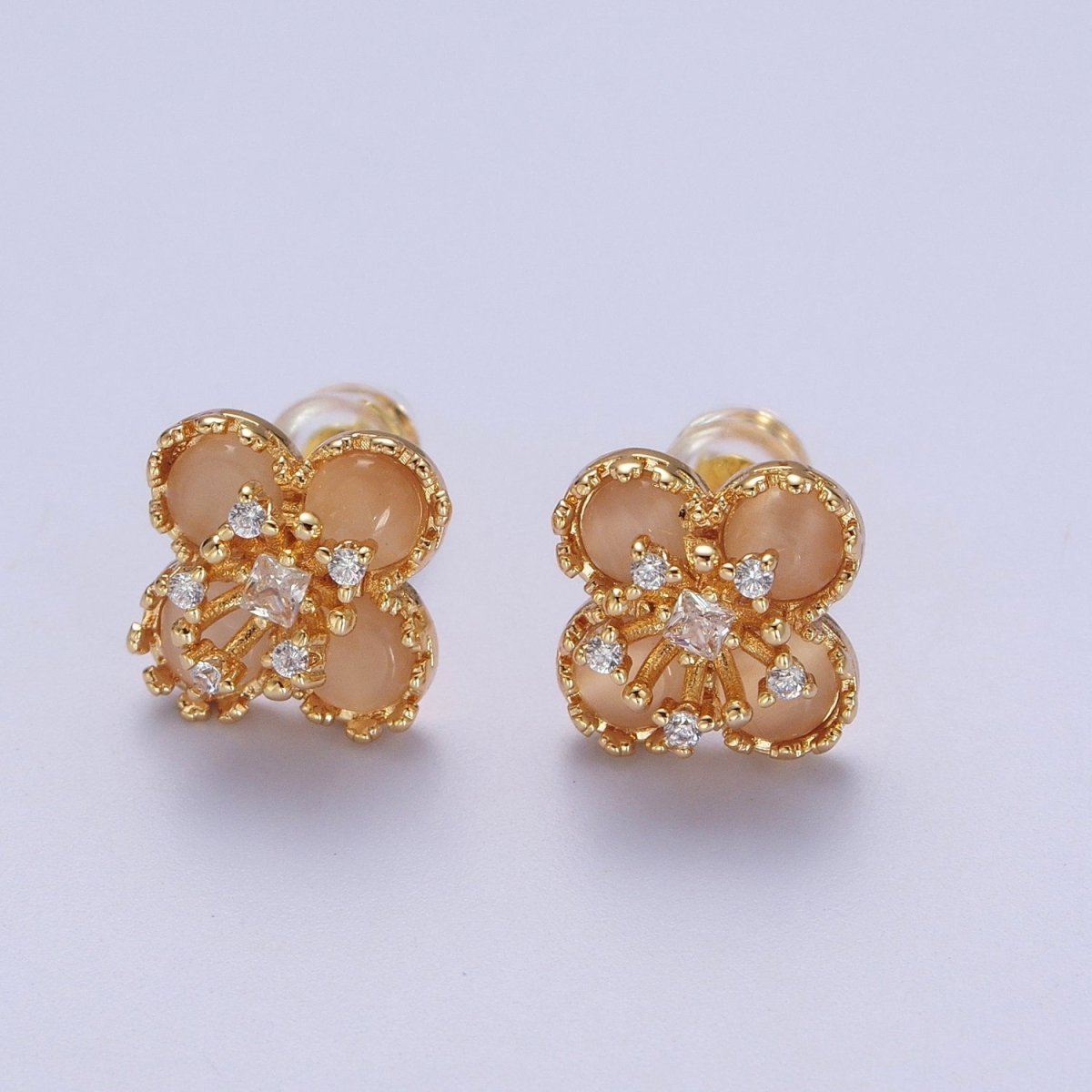 Orange Cats Eye Hibiscus Botanical Flower Mini Gold Stud Earrings | Y-178 - DLUXCA