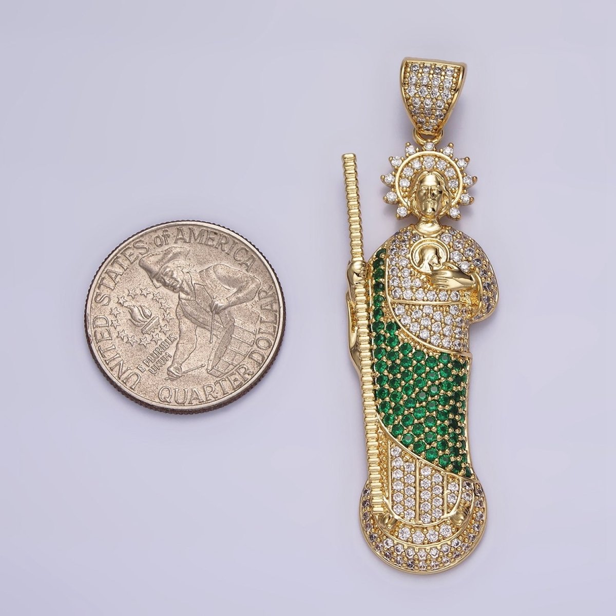 OS 14K Gold Filled 65mm Religious Saint Jude Green Robe Pendant | AA645 - DLUXCA