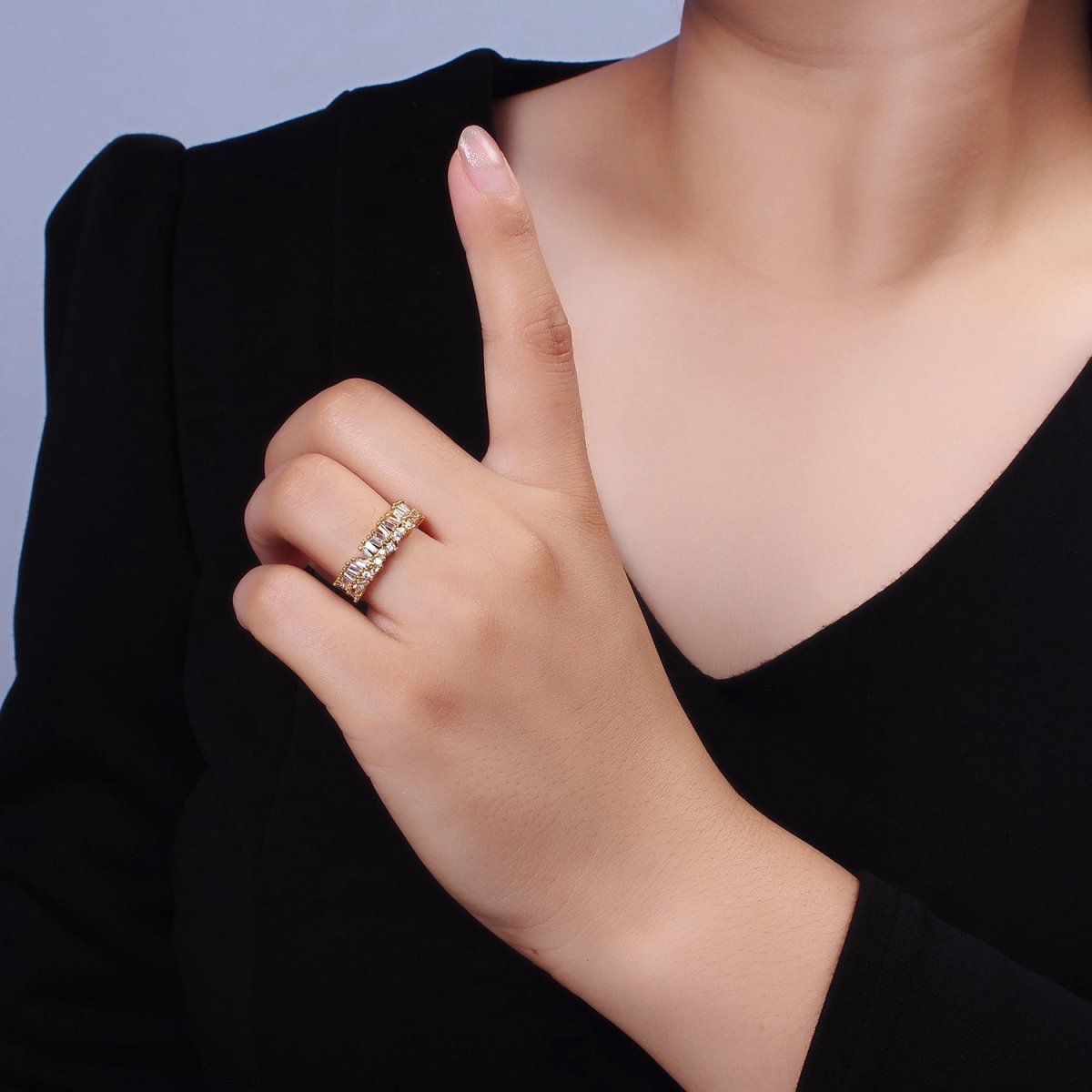 OS 14K Gold Filled Clear Baguette CZ Lined Adjustable Ring | O-607 - DLUXCA