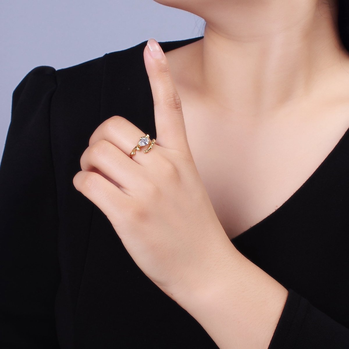 OS 14K Gold Filled Clear CZ Teardrop Molten Drip Open Ring | O-603 - DLUXCA