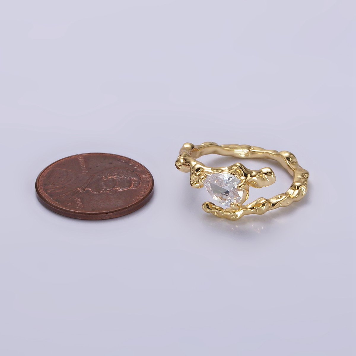 OS 14K Gold Filled Clear CZ Teardrop Molten Drip Open Ring | O-603 - DLUXCA