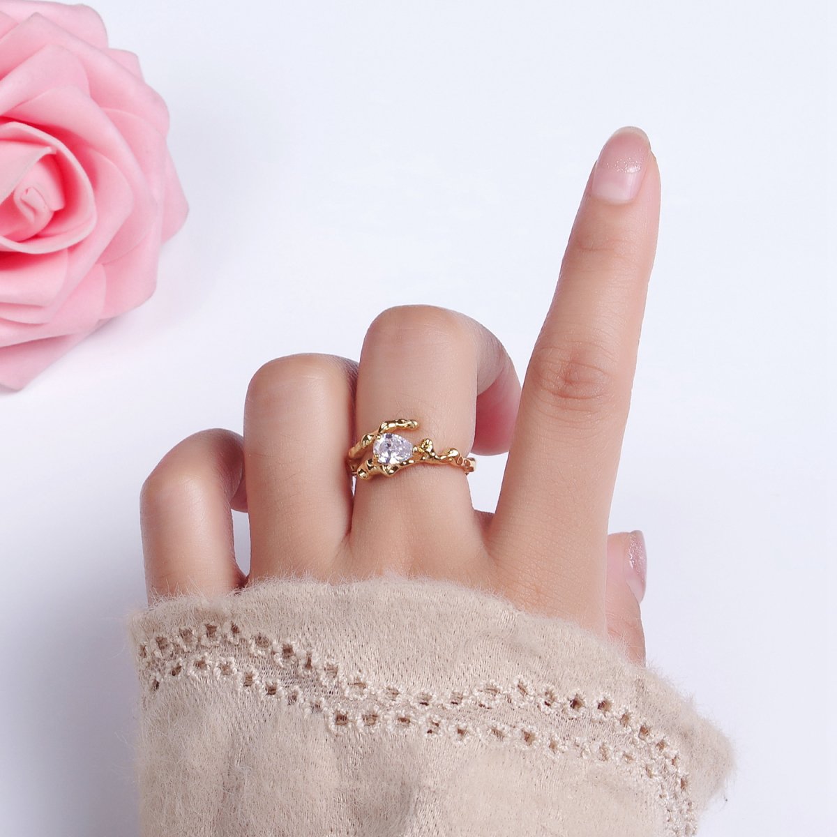 OS 14K Gold Filled Clear CZ Teardrop Molten Drip Open Ring | O-603 - DLUXCA