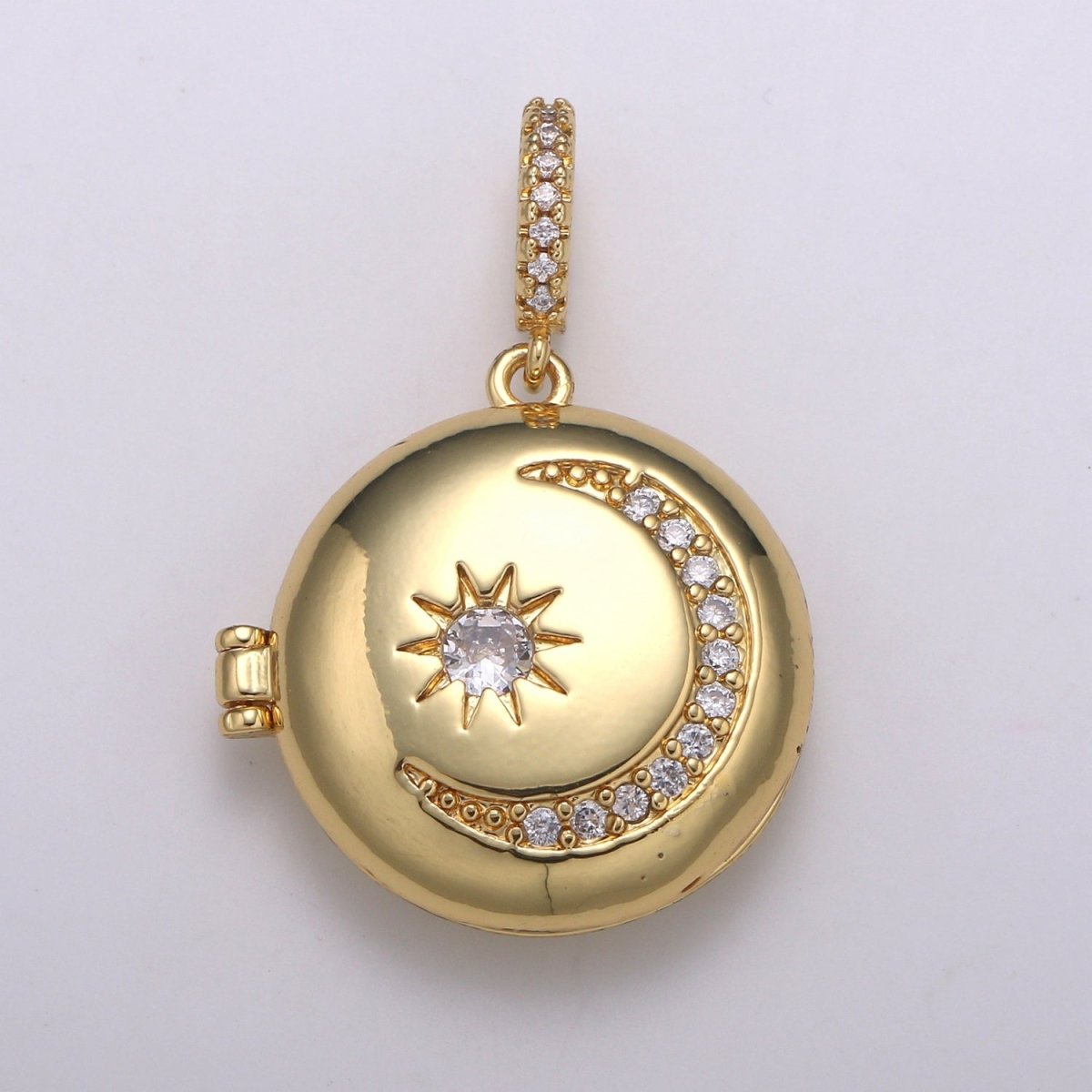 OS 14K Gold Filled Crescent Moon Locket Starry Night Locket Pendant, Moon Star CZ Locket Charm Necklace Component Celestial Jewelry H-234 - DLUXCA