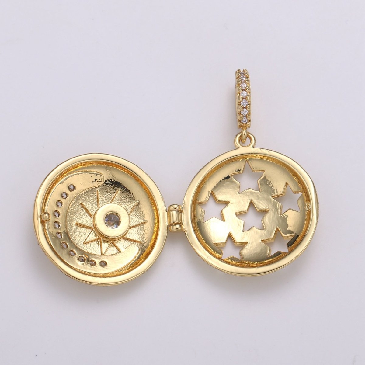 OS 14K Gold Filled Crescent Moon Locket Starry Night Locket Pendant, Moon Star CZ Locket Charm Necklace Component Celestial Jewelry H-234 - DLUXCA
