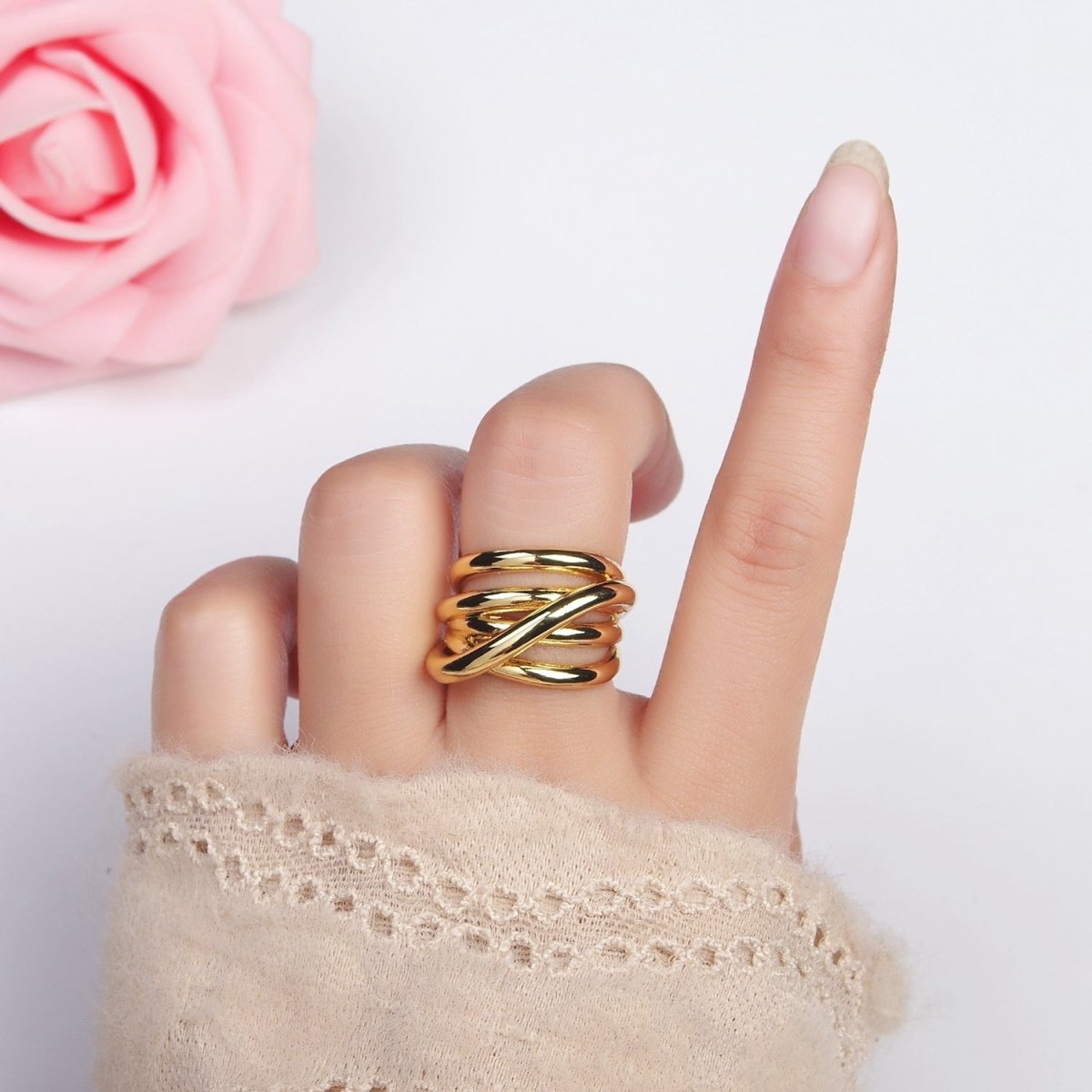 OS 14K Gold Filled Geometric Multiple Band Intertwined Statement Ring | U-095