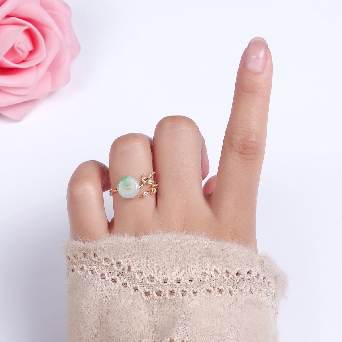 OS 14K Gold Filled Green Jade Donut Butterfly Leaf Marquise CZ Open Ring | O-604 - DLUXCA