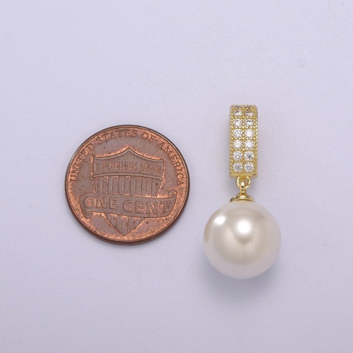 OS 14K Gold Filled Round White Pearl Micro Paved CZ Bail Pendant | N1384