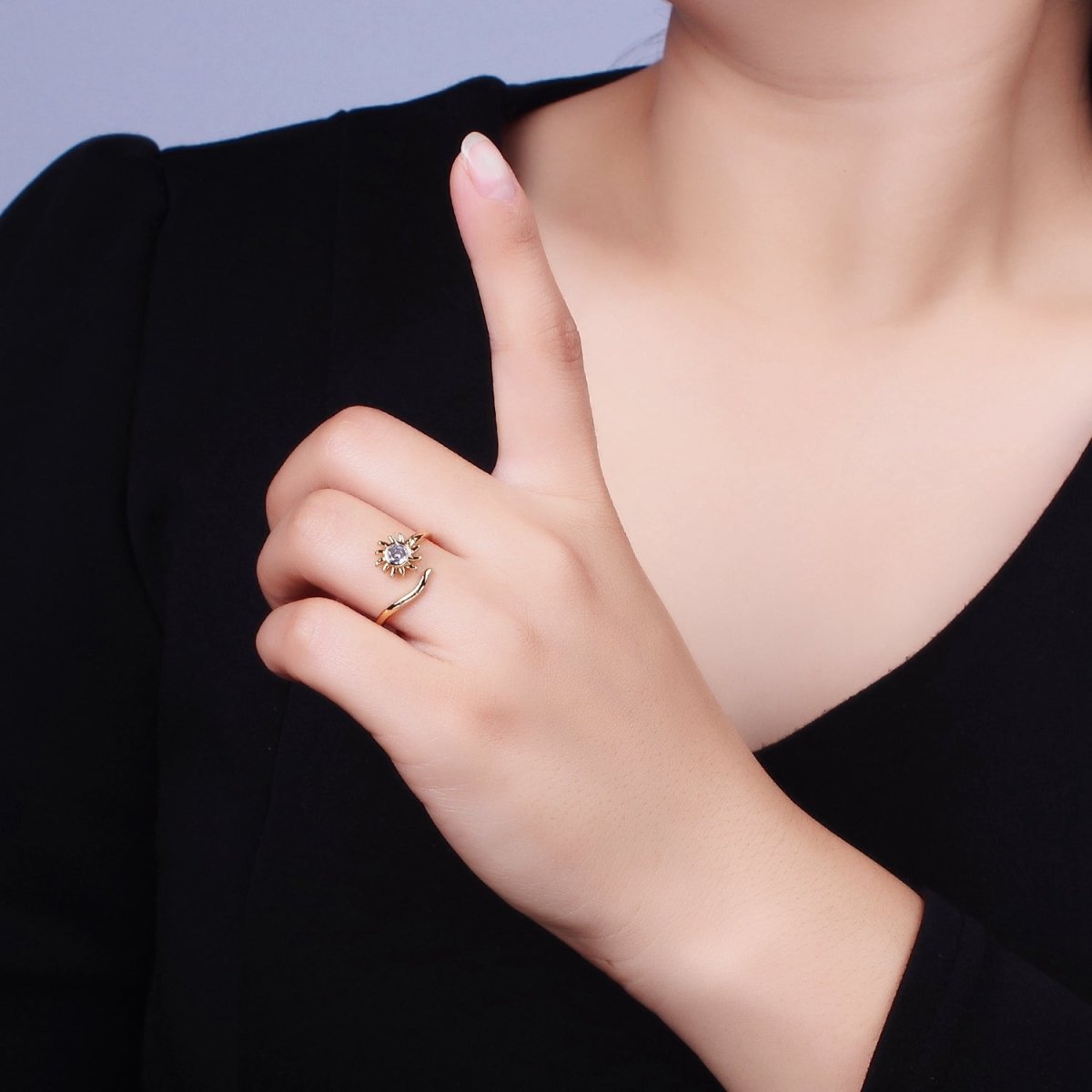 OS 16K Gold Filled Clear CZ Celestial Sun Ray  Open Adjustable Ring in Gold & Silver | O-1619 O-1620