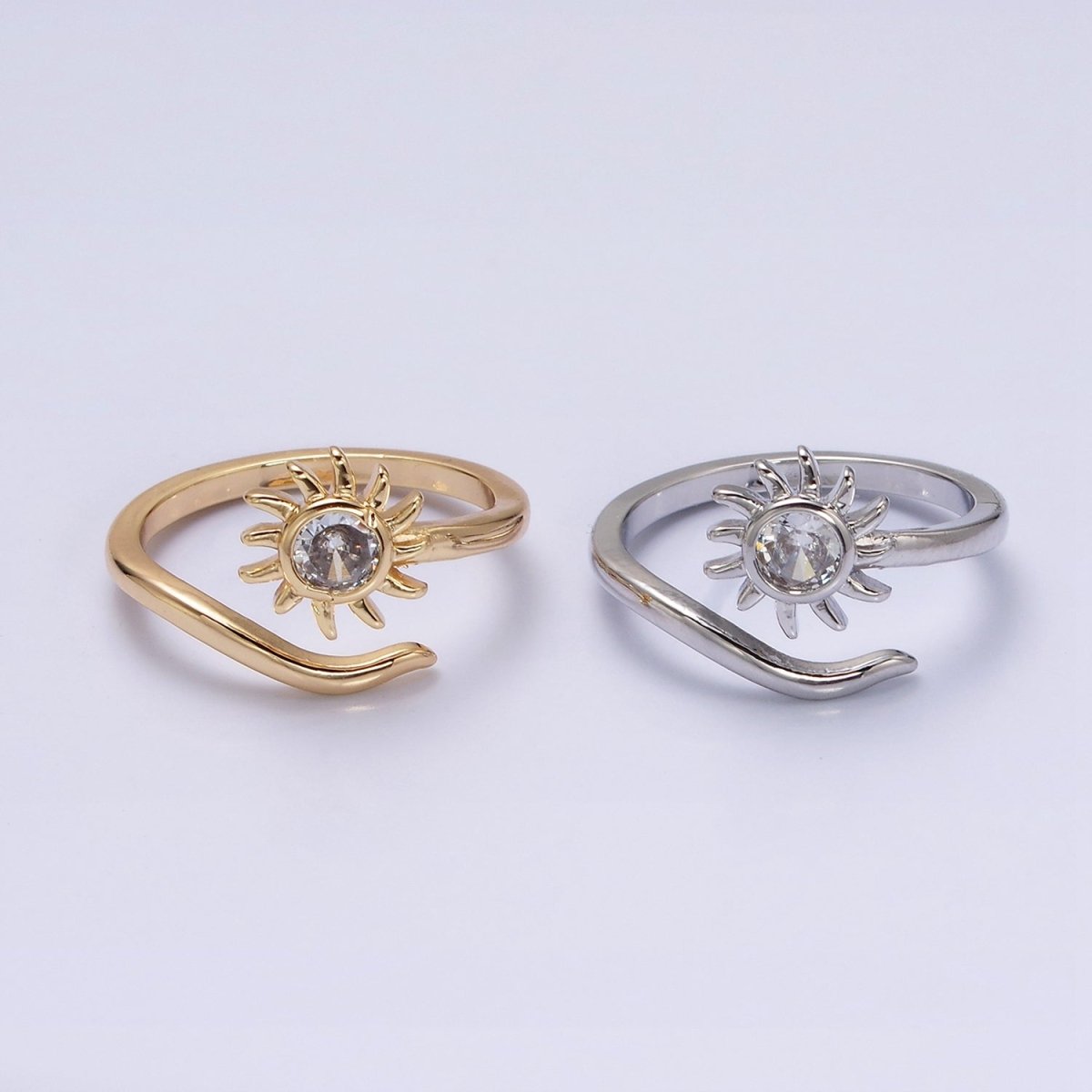 OS 16K Gold Filled Clear CZ Celestial Sun Ray  Open Adjustable Ring in Gold & Silver | O-1619 O-1620