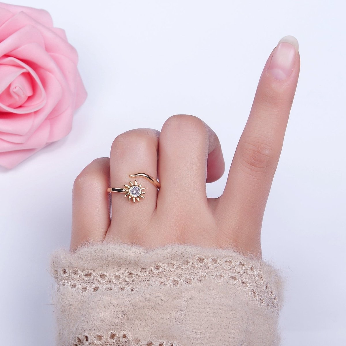 OS 16K Gold Filled Clear CZ Celestial Sun Ray  Open Adjustable Ring in Gold & Silver | O-1619 O-1620