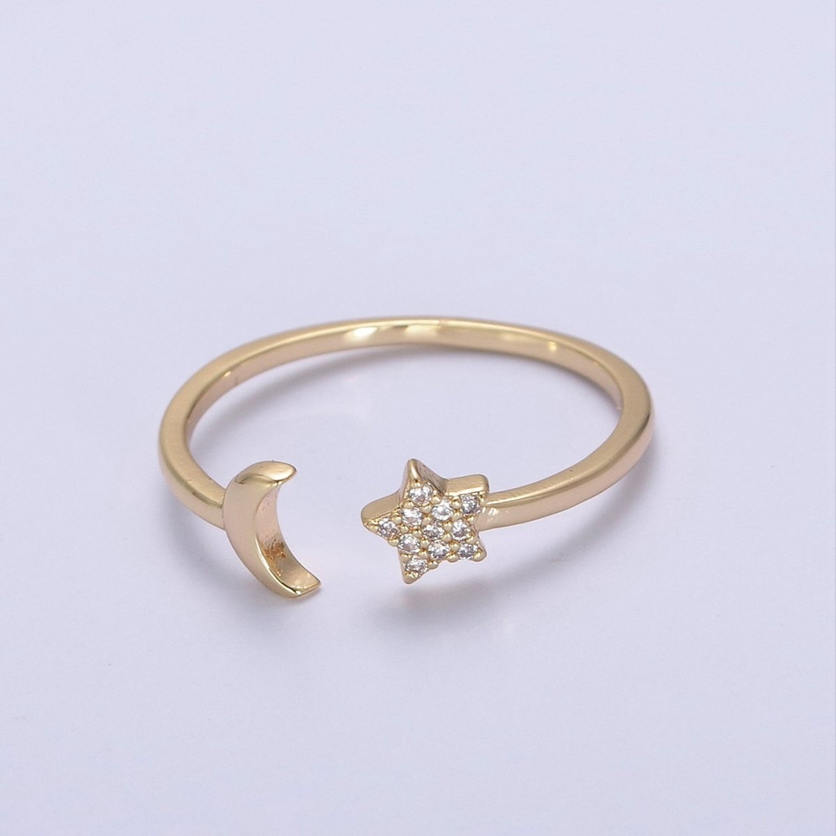 OS 16K Gold Filled Moon and Star Ring, Dainty Crescent Moon and Star Crystal Zirconia CZ Open Ring, Celestial Stacking Ring | U-419