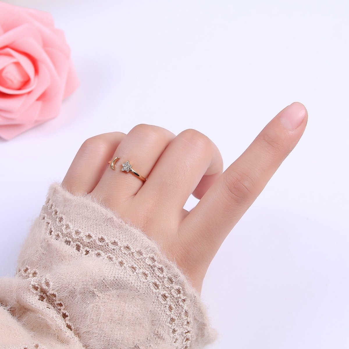 OS 16K Gold Filled Moon and Star Ring, Dainty Crescent Moon and Star Crystal Zirconia CZ Open Ring, Celestial Stacking Ring | U-419