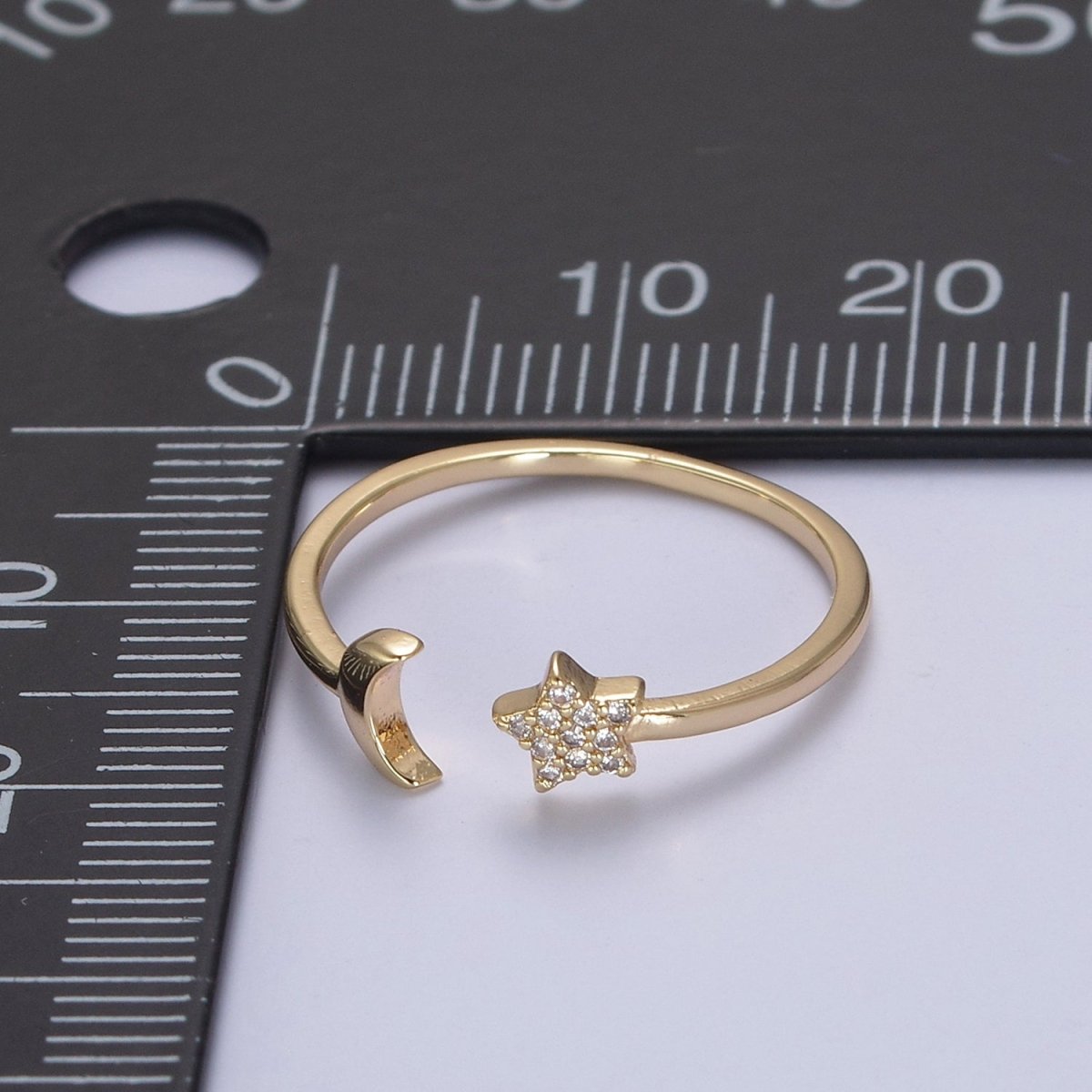 OS 16K Gold Filled Moon and Star Ring, Dainty Crescent Moon and Star Crystal Zirconia CZ Open Ring, Celestial Stacking Ring | U-419