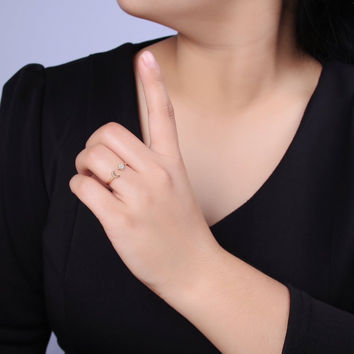 OS 16K Gold Filled Moon and Star Ring, Dainty Crescent Moon and Star Crystal Zirconia CZ Open Ring, Celestial Stacking Ring | U-419