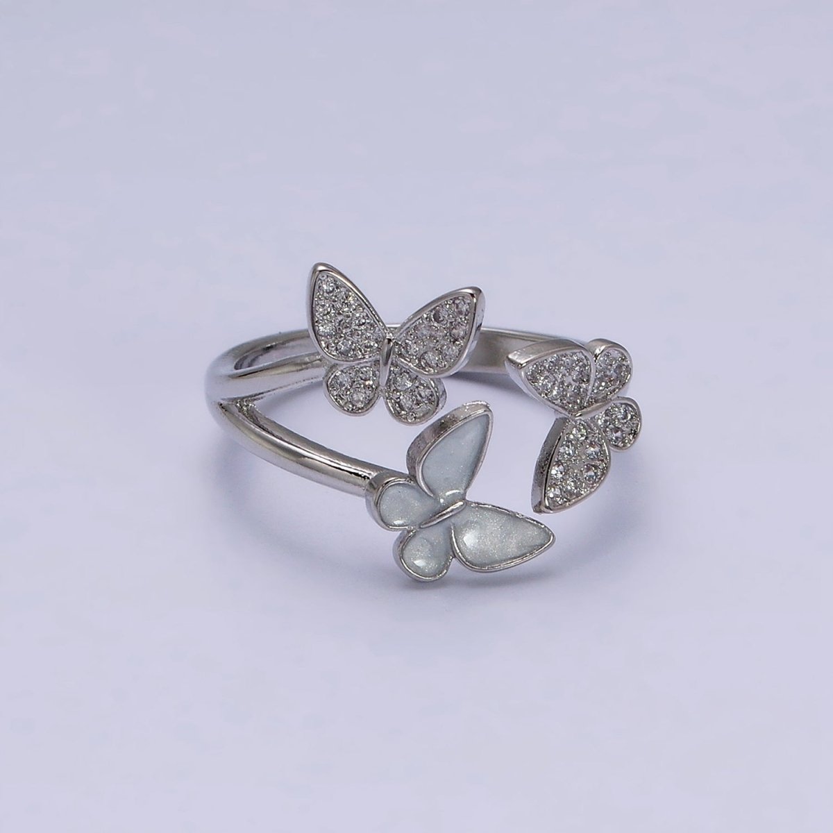 OS 16K Gold Filled Triple Butterfly Micro Paved CZ Enamel Open Ring in Gold & Silver | O-1579 O-1580
