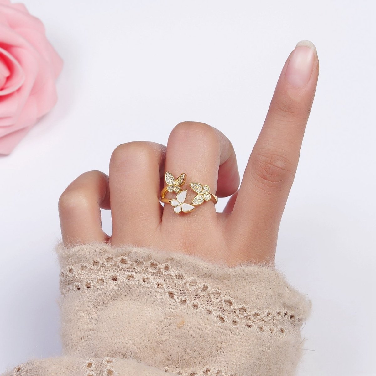 OS 16K Gold Filled Triple Butterfly Micro Paved CZ Enamel Open Ring in Gold & Silver | O-1579 O-1580