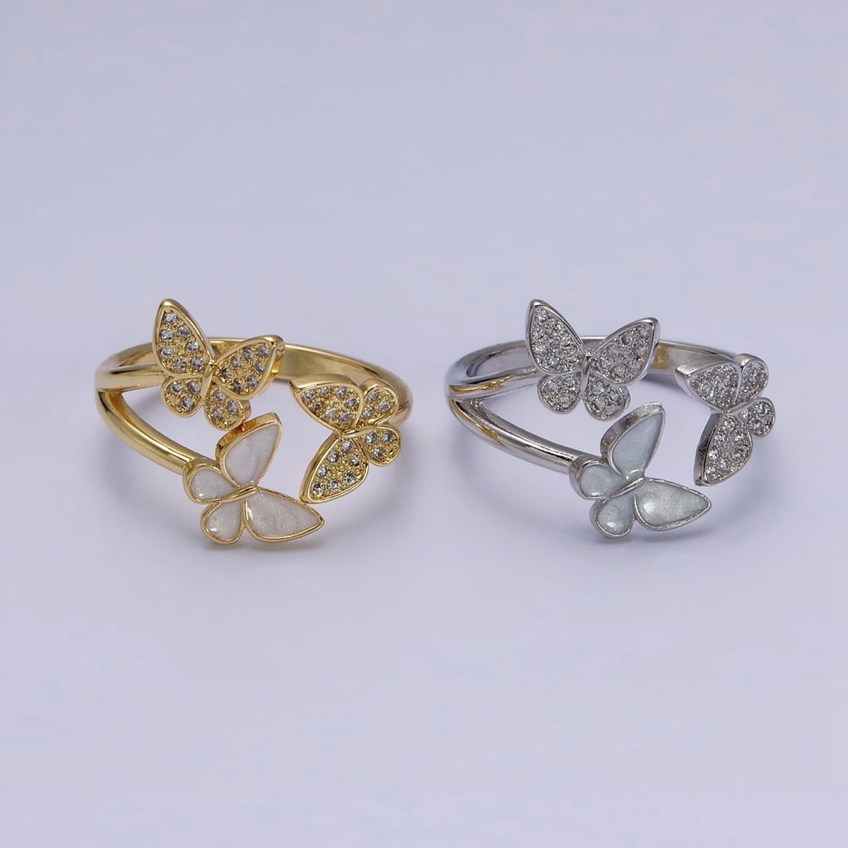 OS 16K Gold Filled Triple Butterfly Micro Paved CZ Enamel Open Ring in Gold & Silver | O-1579 O-1580