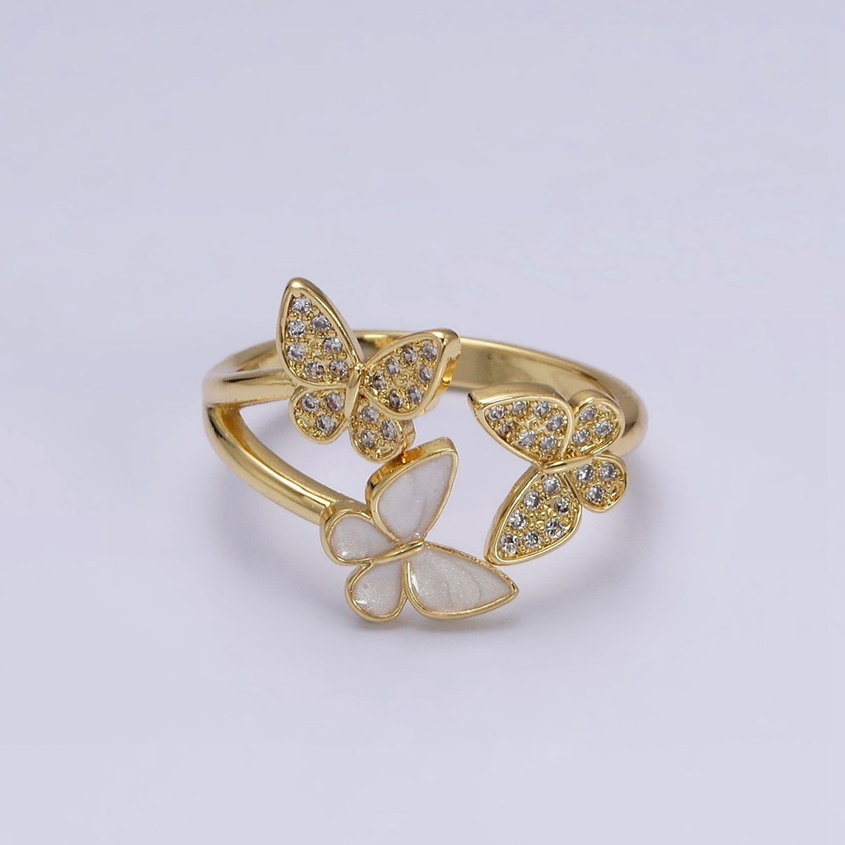 OS 16K Gold Filled Triple Butterfly Micro Paved CZ Enamel Open Ring in Gold & Silver | O-1579 O-1580