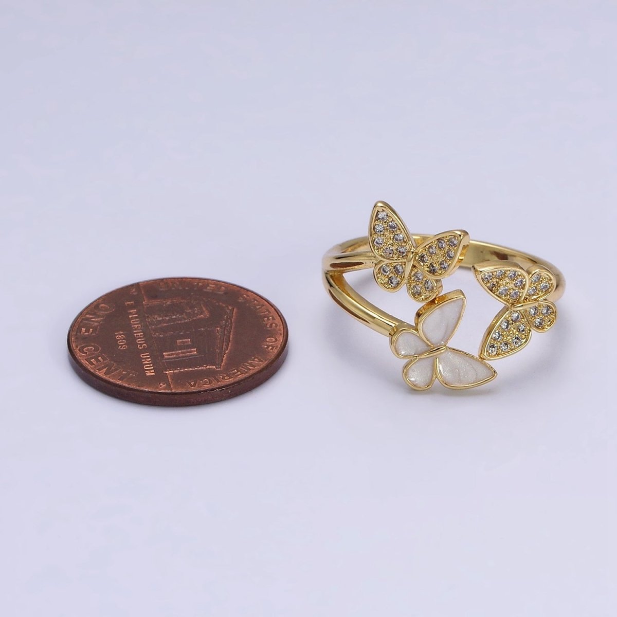 OS 16K Gold Filled Triple Butterfly Micro Paved CZ Enamel Open Ring in Gold & Silver | O-1579 O-1580