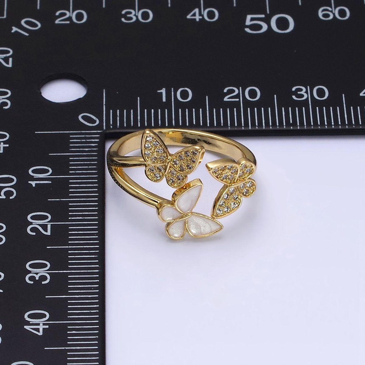 OS 16K Gold Filled Triple Butterfly Micro Paved CZ Enamel Open Ring in Gold & Silver | O-1579 O-1580
