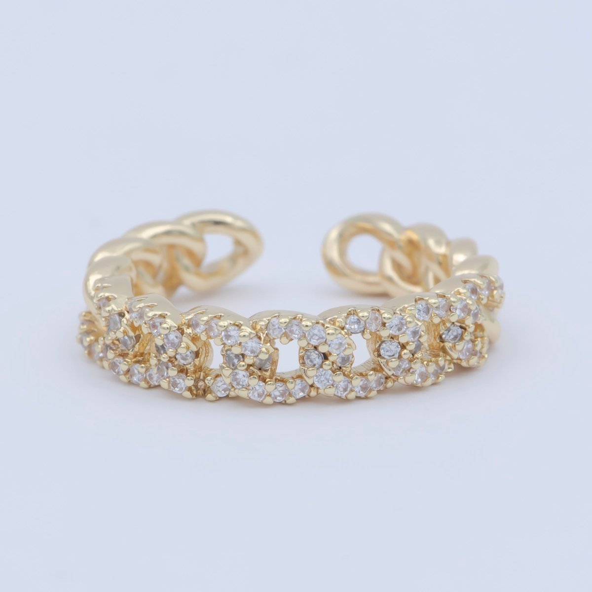 OS 18K Gold Filled Crystal Cubic Zirconia CZ Curb Link Chain Adjustable Ring O-476