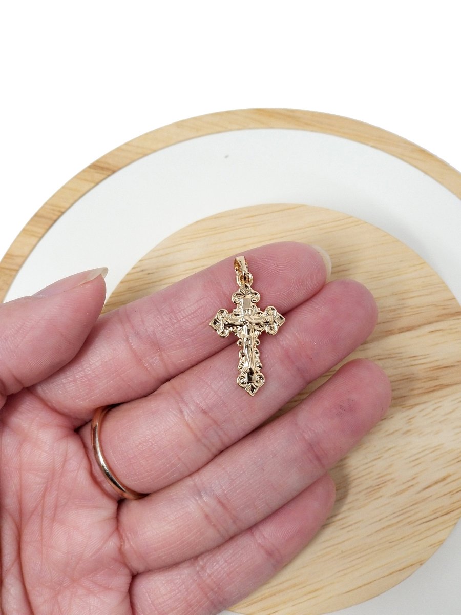 os 18k Gold Filled Ornate Cross Crucifix Pendant Jesus Christ Catholic Rosary Charm Layer Necklace Hoop Earring Jewelry Making H-828