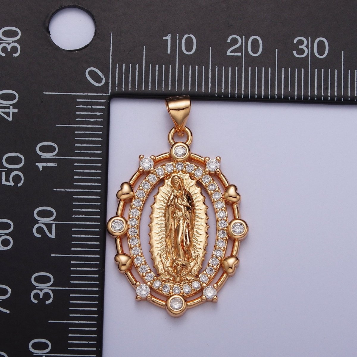 OS 18K Gold Heart Round Micro Paved CZ Lady Guadalupe Virgin Mary Pendant For Religious Jewelry Making H-199
