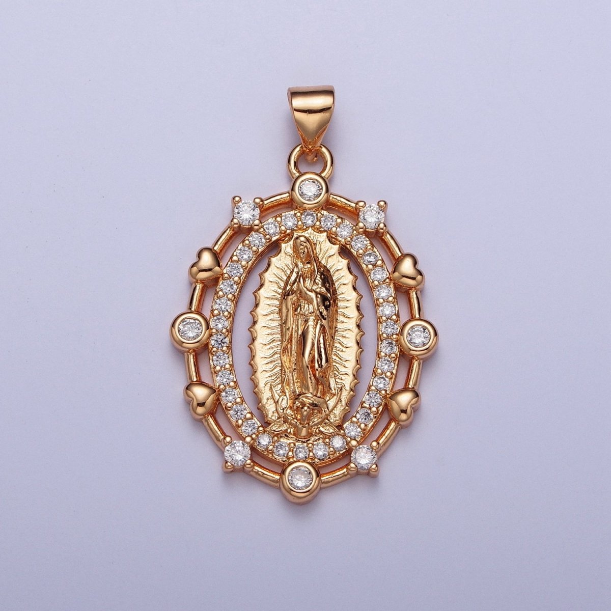 OS 18K Gold Heart Round Micro Paved CZ Lady Guadalupe Virgin Mary Pendant For Religious Jewelry Making H-199