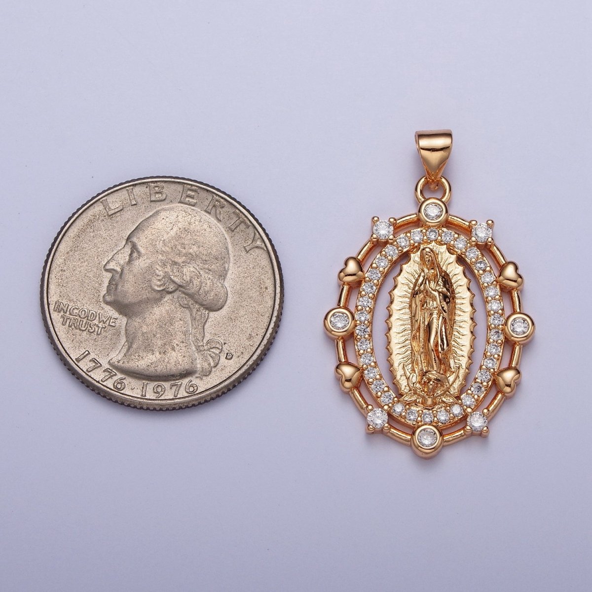 OS 18K Gold Heart Round Micro Paved CZ Lady Guadalupe Virgin Mary Pendant For Religious Jewelry Making H-199