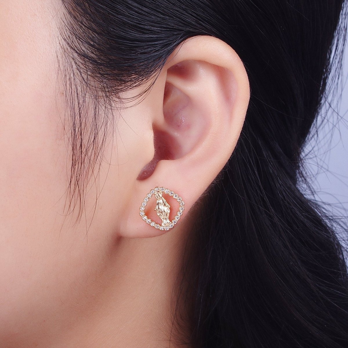 OS 18K Gold Rhombus Mother Virgin Mary Micro Paved Cubic Zirconia Religious Stud Earrings | AE-1051 - DLUXCA