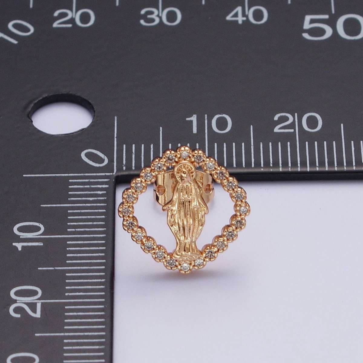 OS 18K Gold Rhombus Mother Virgin Mary Micro Paved Cubic Zirconia Religious Stud Earrings | AE-1051 - DLUXCA